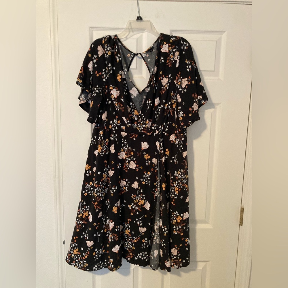 Black floral faux wrap dress